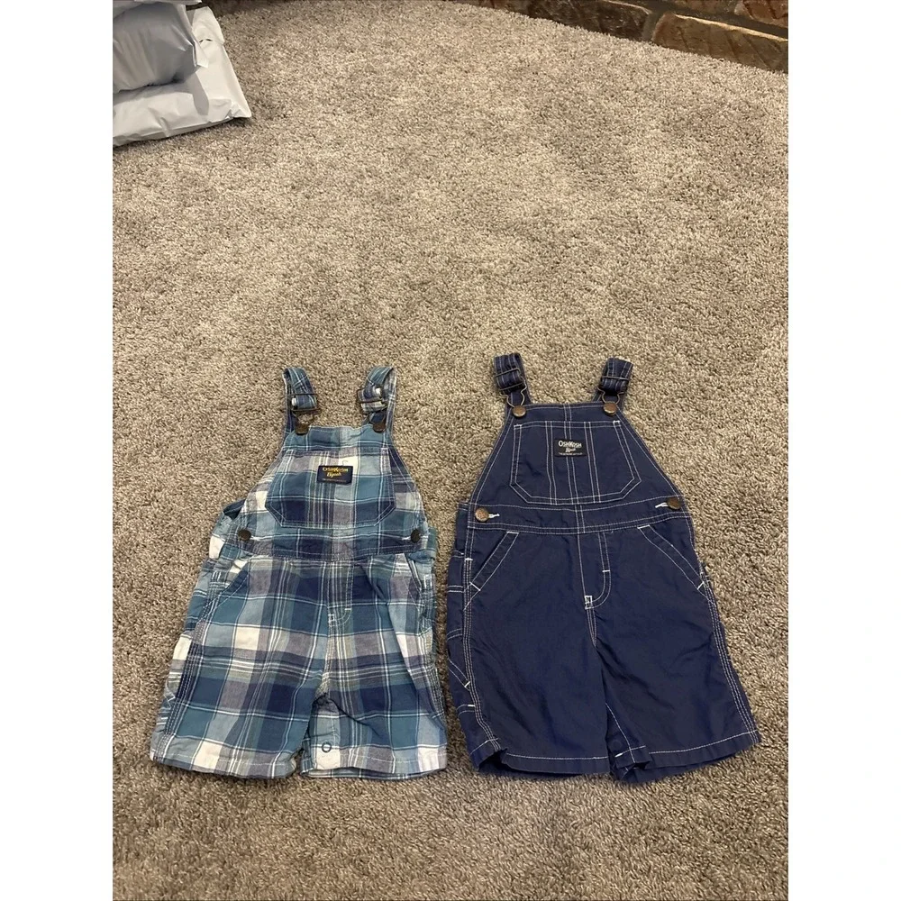 2 Lot Toddler Boys Oshkosh Vestbak Plaid Adjustable Overalls Shorts Size 18M